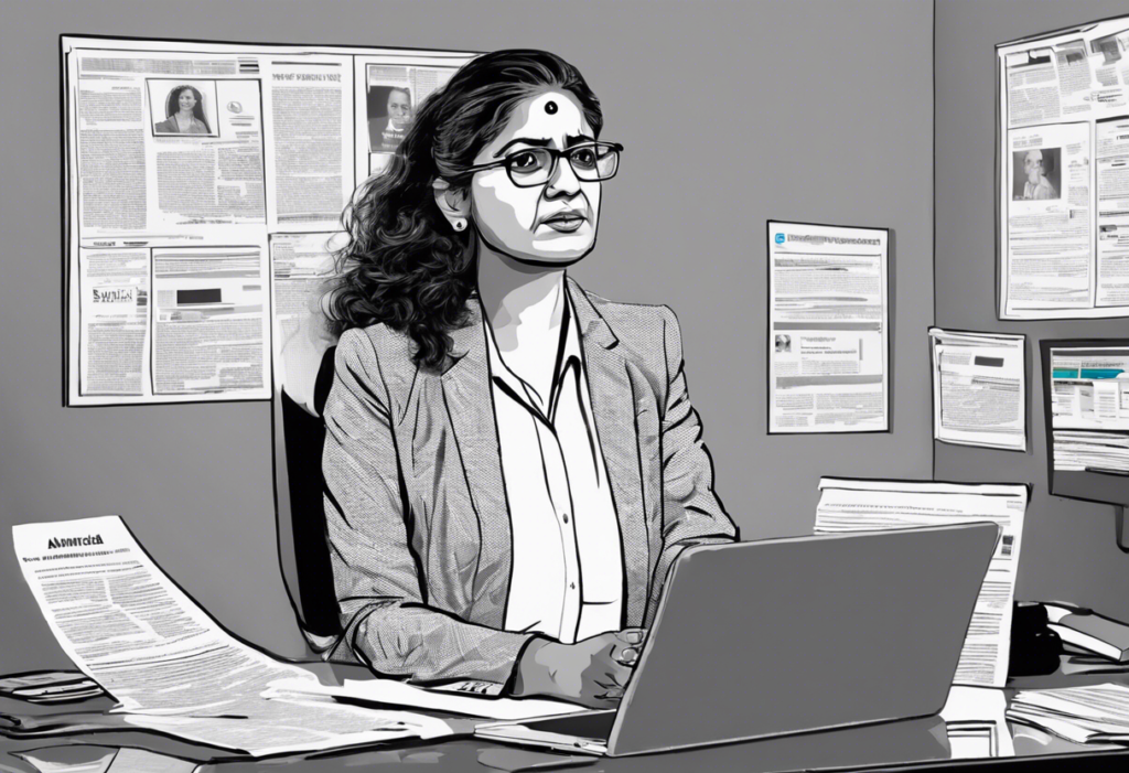 Create an impactful image depicting Anuradha Tiwari, a Bengaluru CEO, in a professional office setting. Show her looking concerned or facing criticism, with a backdrop of social media posts or news headlines highlighting the backlash over her 'Brahmin genes' remark. Include visual elements such as smartphones or computer screens displaying heated comments or articles about the controversy. The image should convey a sense of tension and scrutiny, reflecting the public reaction and the broader discussion on caste sensitivity