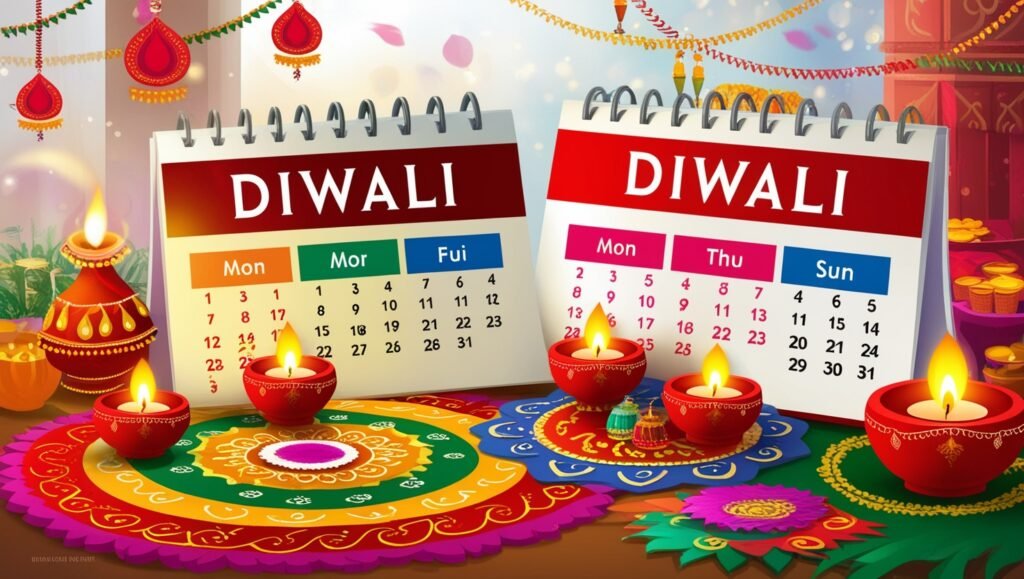 Create an engaging image illustrating traditional Diwali elements, such as diyas (lamps), colourful rangoli designs, and festive decorations, alongside a calendar displaying both dates.. The atmosphere should evoke a sense of anticipation and celebration, capturing the spirit of Diwali while emphasizing the date conundrum.