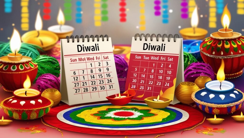 Create an engaging image illustrating traditional Diwali elements, such as diyas (lamps), colourful rangoli designs, and festive decorations, alongside a calendar displaying both dates.. The atmosphere should evoke a sense of anticipation and celebration, capturing the spirit of Diwali while emphasizing the date conundrum.