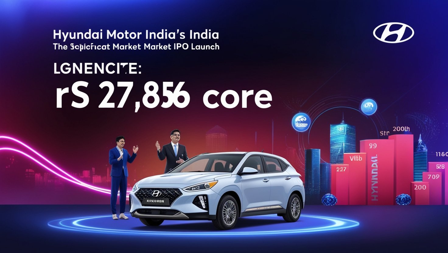 generated image showcasing Hyundai Motor India's significant IPO launch. The scene highlights the blend of futuristic automotive technology and stock market dynamics, reflecting the excitement around the Rs 27,856 crore IPO.