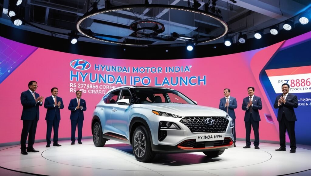 generated image showcasing Hyundai Motor India's significant IPO launch. The scene highlights the blend of futuristic automotive technology and stock market dynamics, reflecting the excitement around the Rs 27,856 crore IPO. 