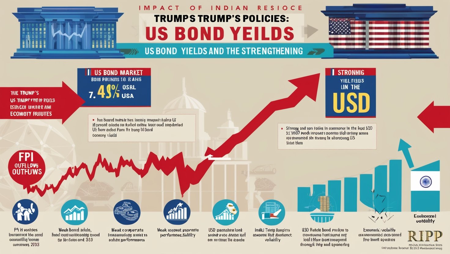 An infographic depicting the impact of Trump's policies on US bond yields and the strengthening USD. Include visuals of the US bond market, the strong USD, and the depreciating Indian rupee. Highlight factors such as FPI outflows, weak corporate performance, and economic volatility. Use a balanced color scheme to convey the financial theme and include relevant icons and symbols for clarity.