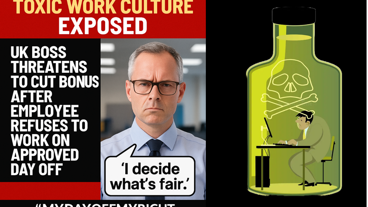 A viral case of toxic work culture has emerged after a UK boss threatened to cut an employee’s bonus for refusing to work on her approved day off.