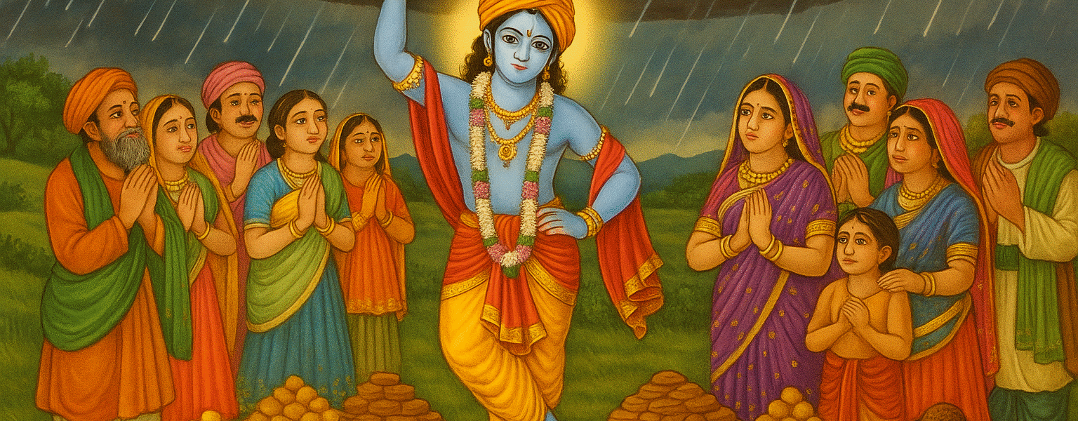 Lord Krishna lifting Govardhan Hill during Govardhan Puja 2025 celebration with devotees and Annakut offerings