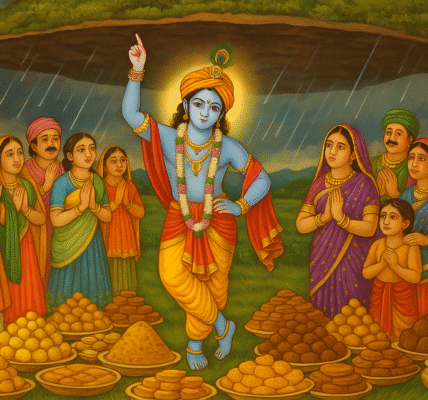 Lord Krishna lifting Govardhan Hill during Govardhan Puja 2025 celebration with devotees and Annakut offerings