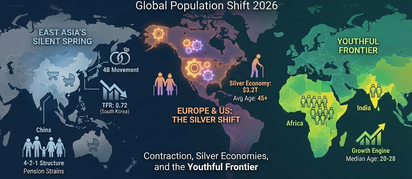 From South Korea’s 4B movement to the rise of $3.2T Silver Economies, explore how the 2026 population cliff is redrawing the global map of power.
