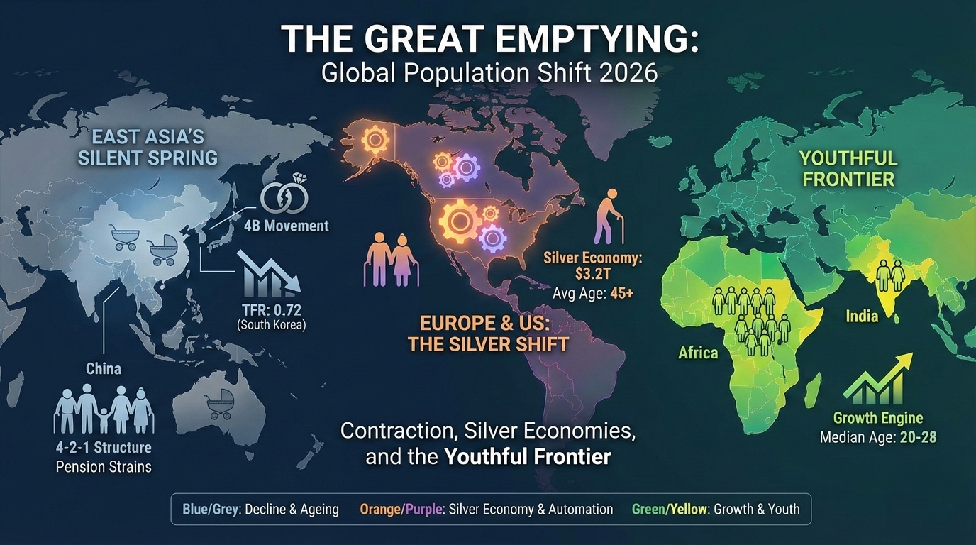 From South Korea’s 4B movement to the rise of $3.2T Silver Economies, explore how the 2026 population cliff is redrawing the global map of power.