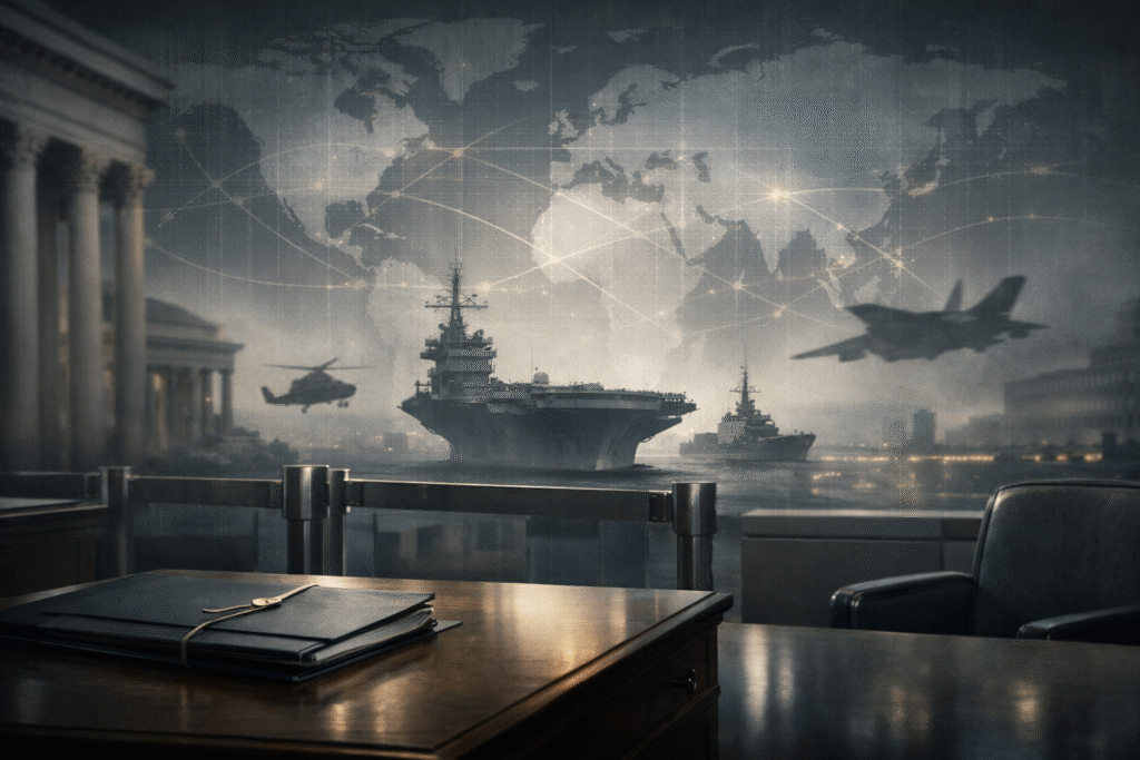 International analysis image illustrating U.S. federal authority, military power, and global geopolitical tension - Minneapolis ICE Shooting