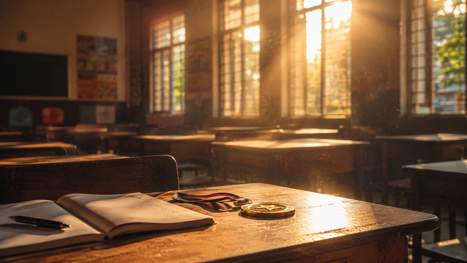 Empty classroom bathed in golden morning light with a medal resting on a desk, symbolising the Education Excellence Conclave 2026